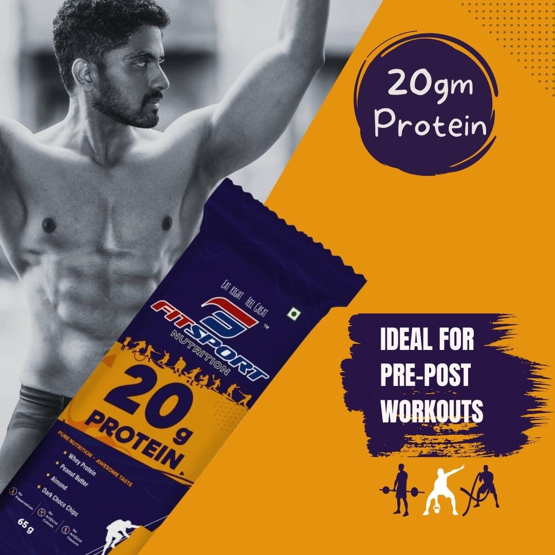 FitSport 20g Protein Bar - Whey Protein, Peanut Butter, Dark Choco Chips